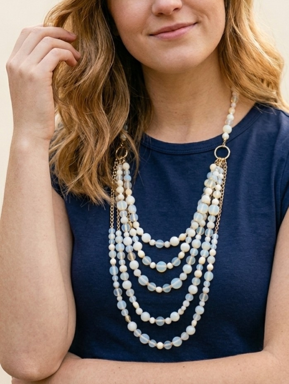Multi Strand Opalite Bead Gold Chain Layered Statement Necklace 16 Inch Boho